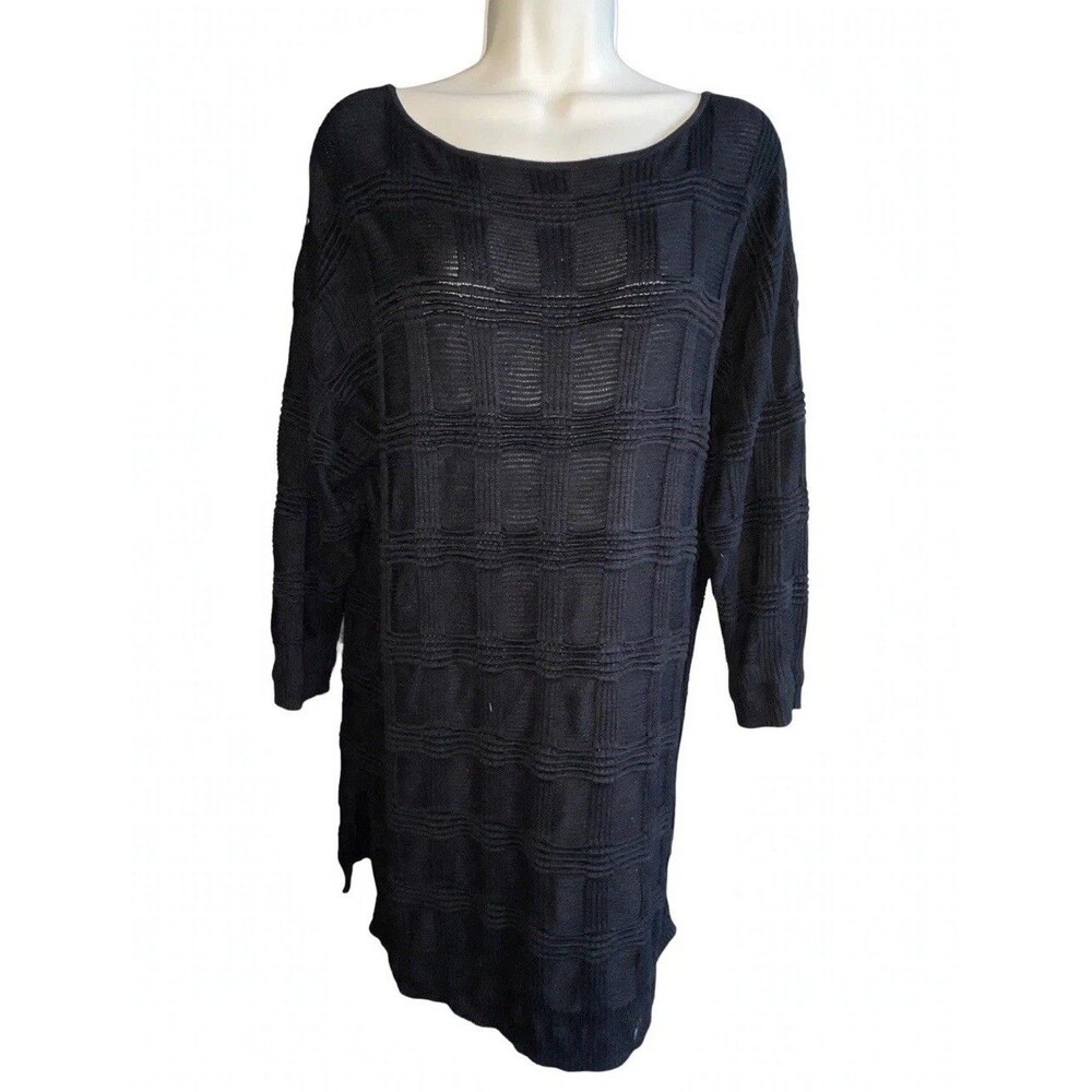 Pendleton Tunic Sweater L Black Open Weave Check Boat Neck Cotton Rayon